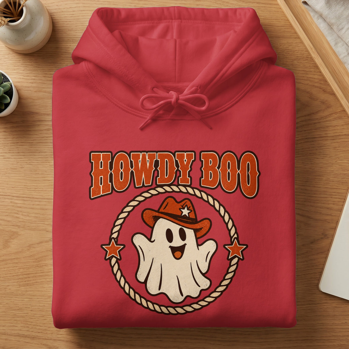 Red hoodie with "Howdy Boo" text and a ghost wearing a cowboy hat.