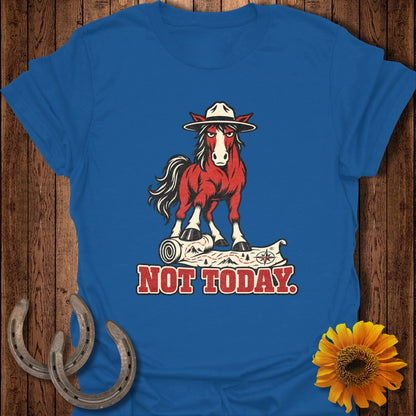 Red horse with cowboy hat stands on a rolled map with "NOT TODAY" text.
