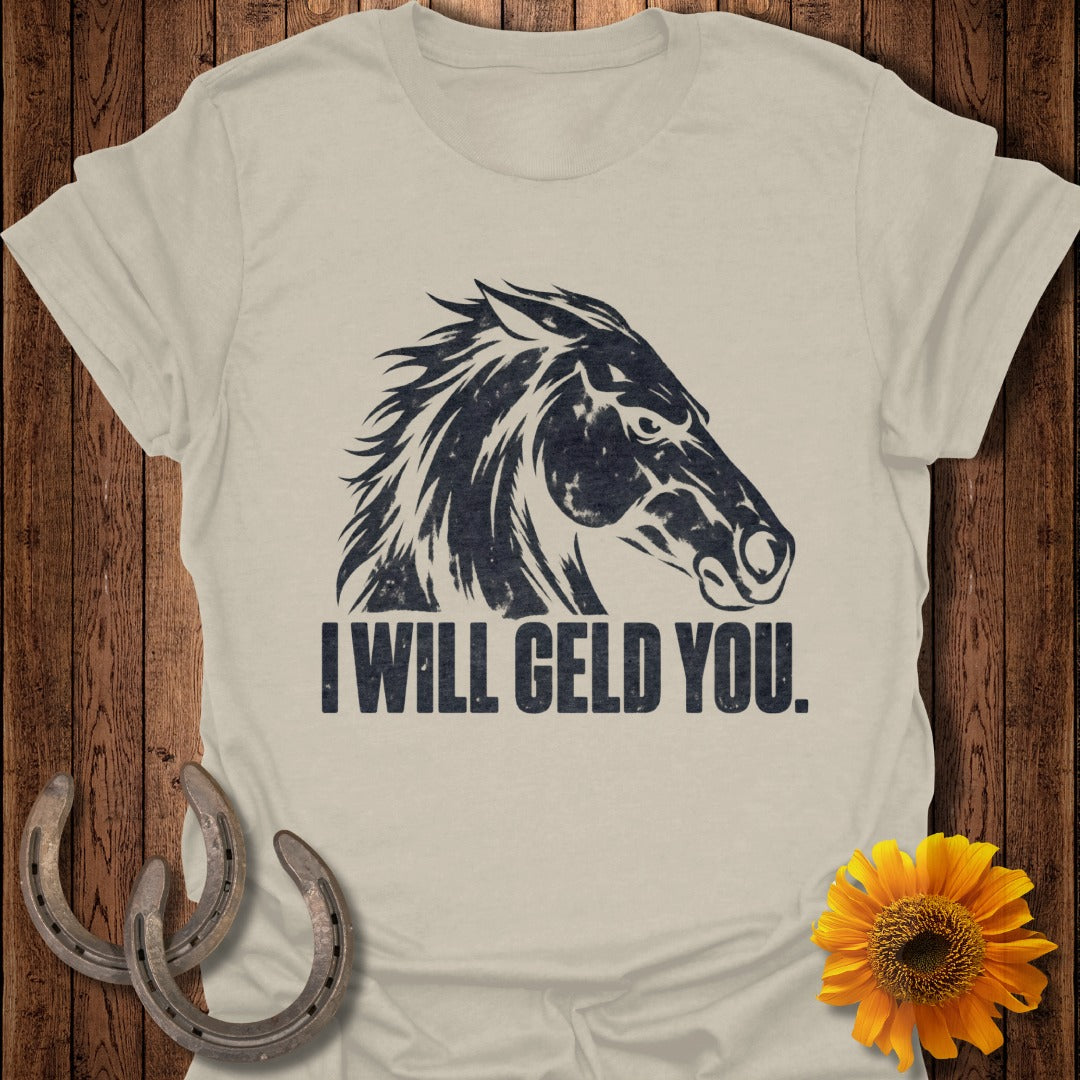 T-shirt with dark horse head graphic and text "I WILL GELD YOU."