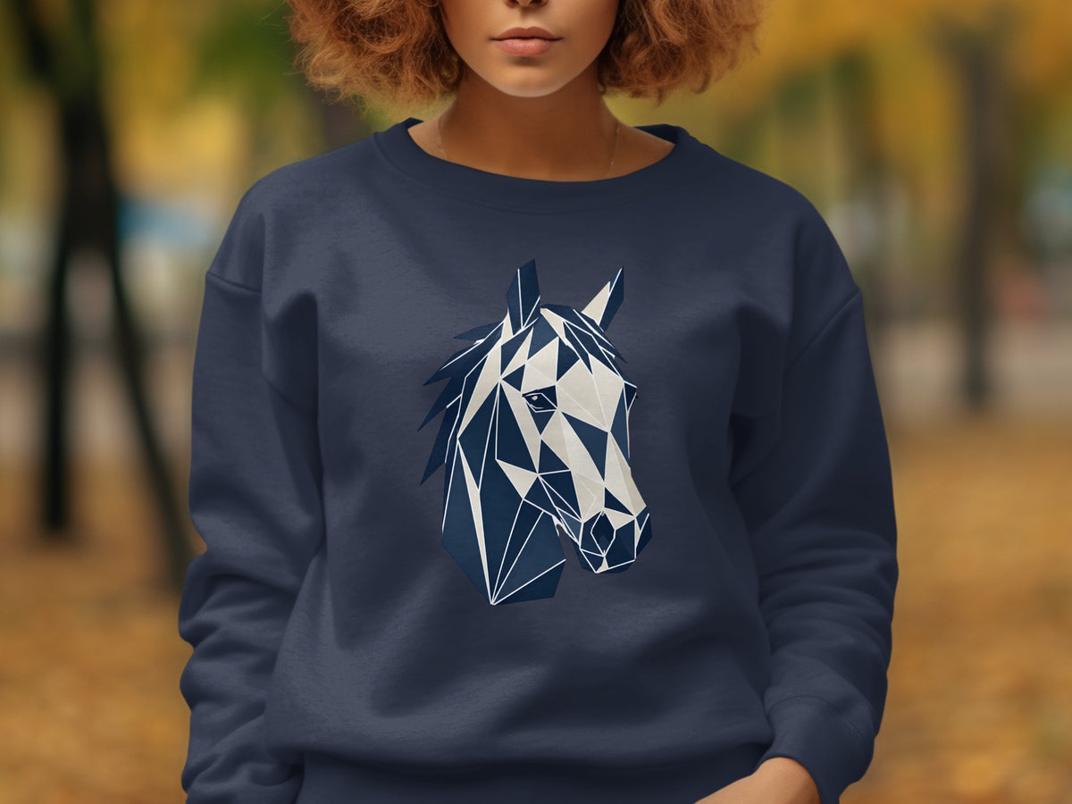 Navy sweatshirt with a geometric horse head design in white and dark blue.