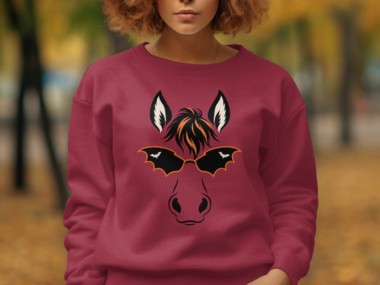 Maroon sweatshirt with a horse face graphic wearing bat wing sunglasses.