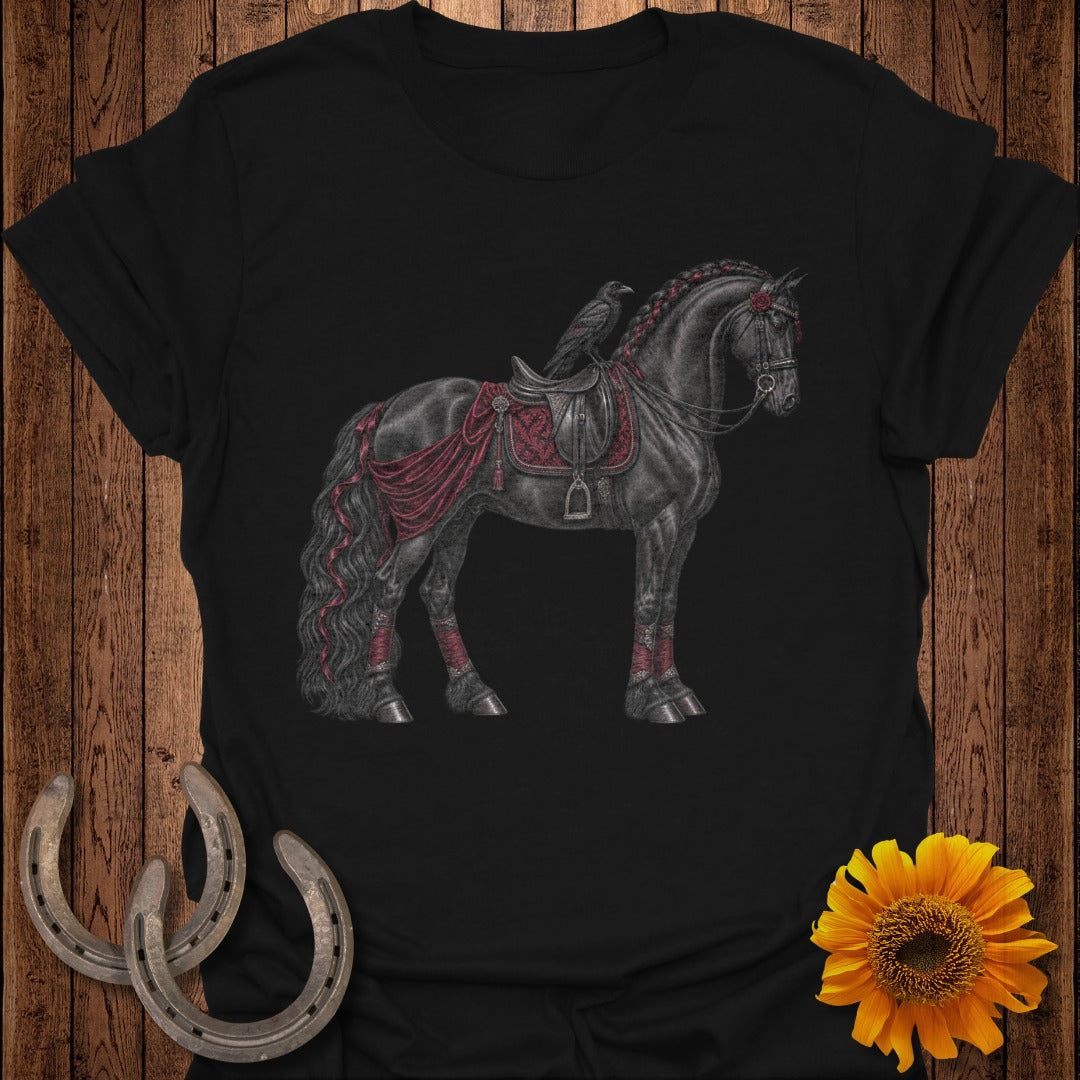 Black t-shirt with a detailed illustration of a black horse wearing ornate tack and a raven.