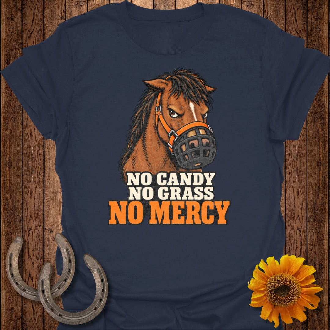 Horse with a muzzle graphic on a navy t-shirt with text "No Candy No Grass No Mercy".