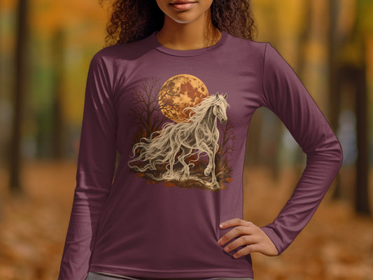 Ghostly white horse in front of a large moon and bare trees on a t-shirt.