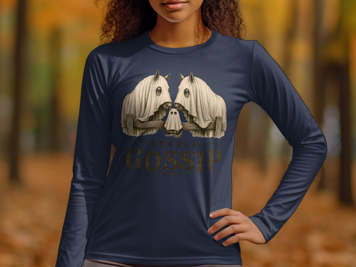 Two horses in ghost costumes and a small ghost on a fence with text "Stable Gossip."
