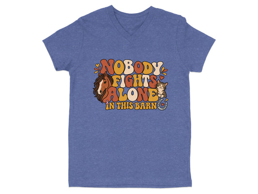 Horse and cat graphic with "Nobody Fights Alone In This Barn" text.