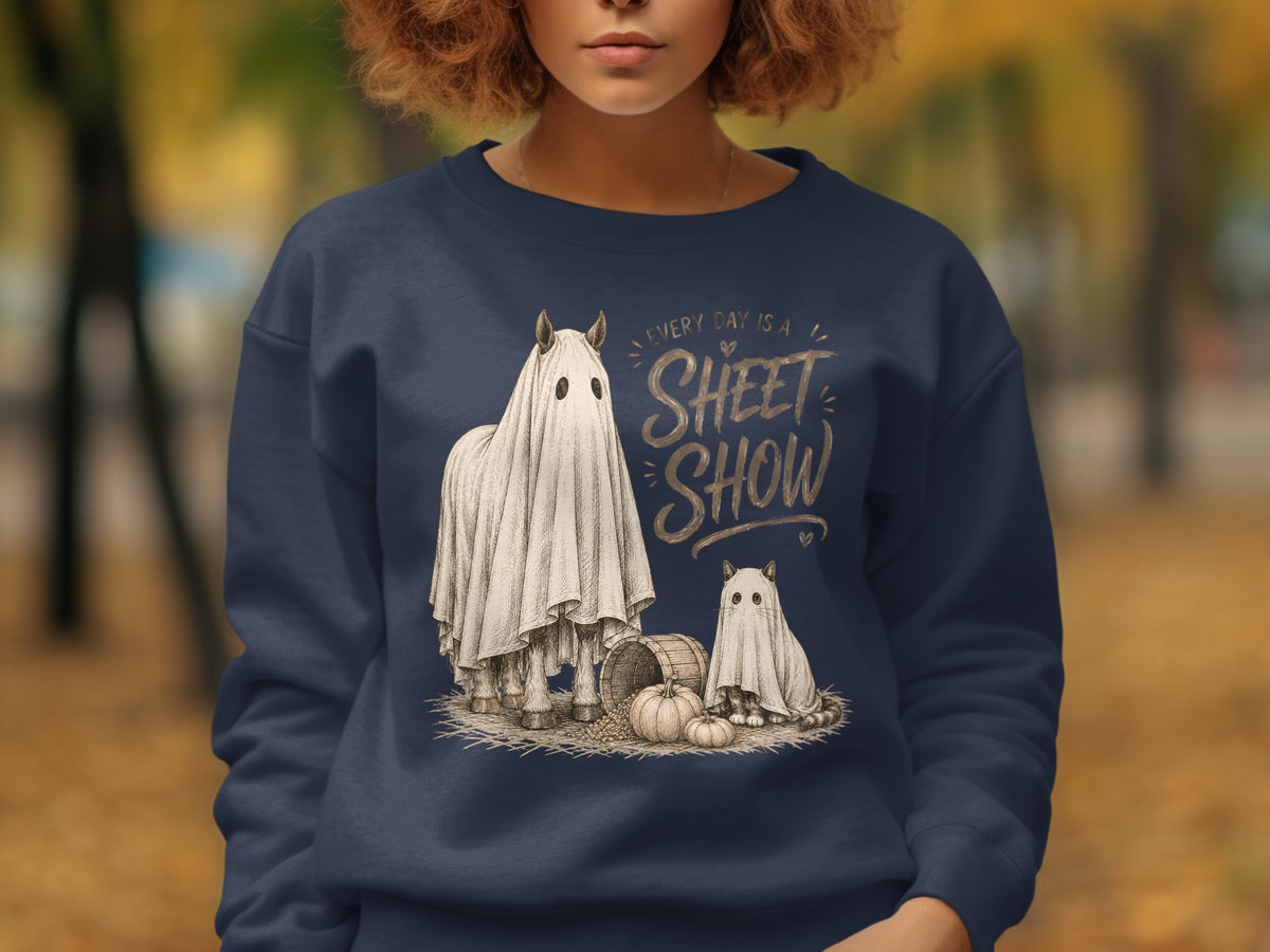 Horse and cat in ghost costumes with pumpkins text "EVERY DAY IS A SHEET SHOW".