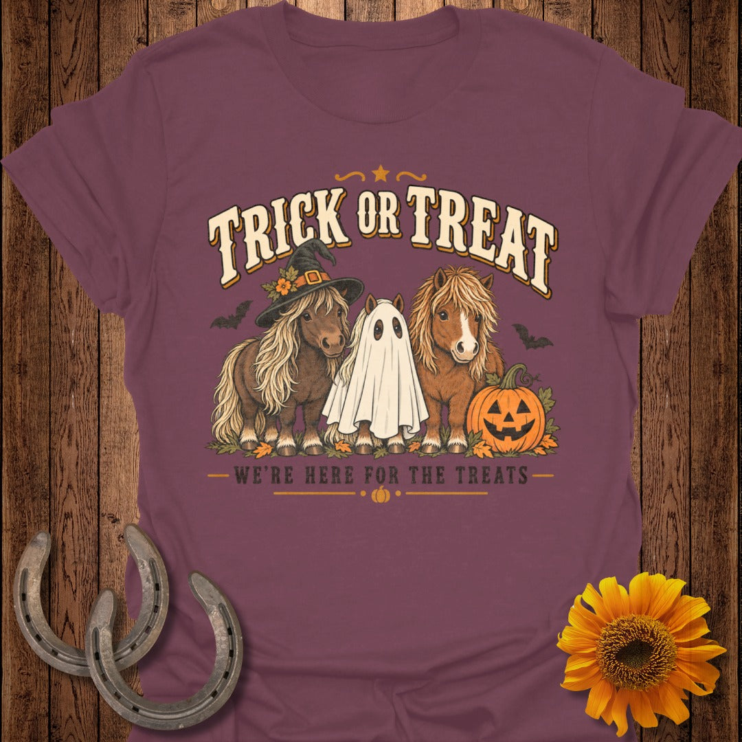 Two ponies and a ghost with "Trick or Treat" and "We're Here For The Treats".