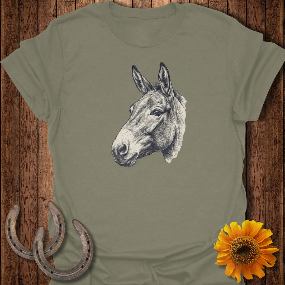 T-shirt with a detailed sketch of a donkey's head and two horseshoes.