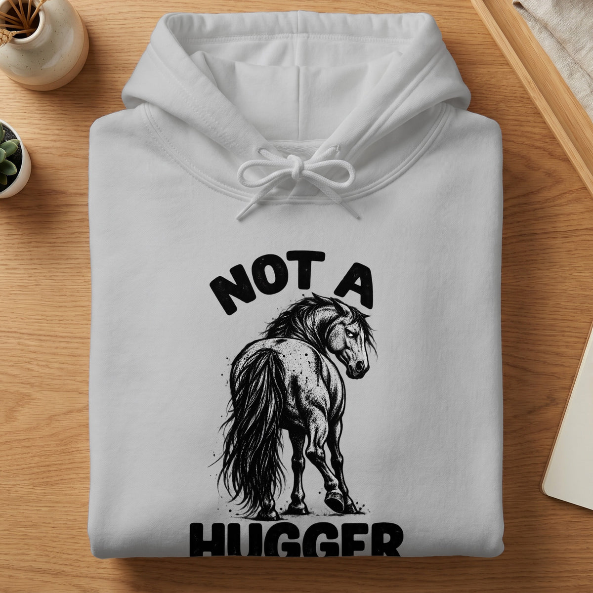 White hoodie with black text "NOT A" above a horse illustration and "HUGGER" below.