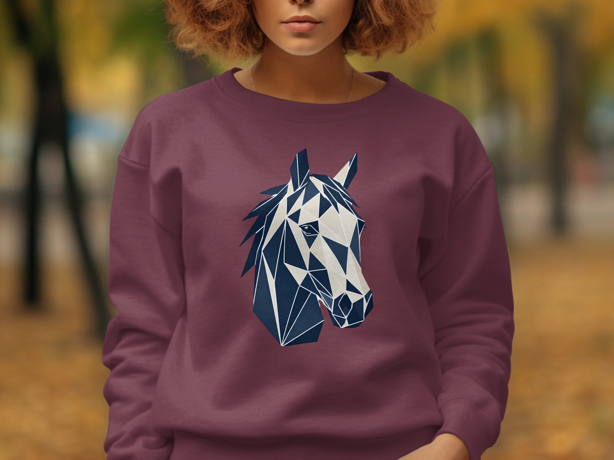 Burgundy sweatshirt with a geometric navy and beige horse head design.