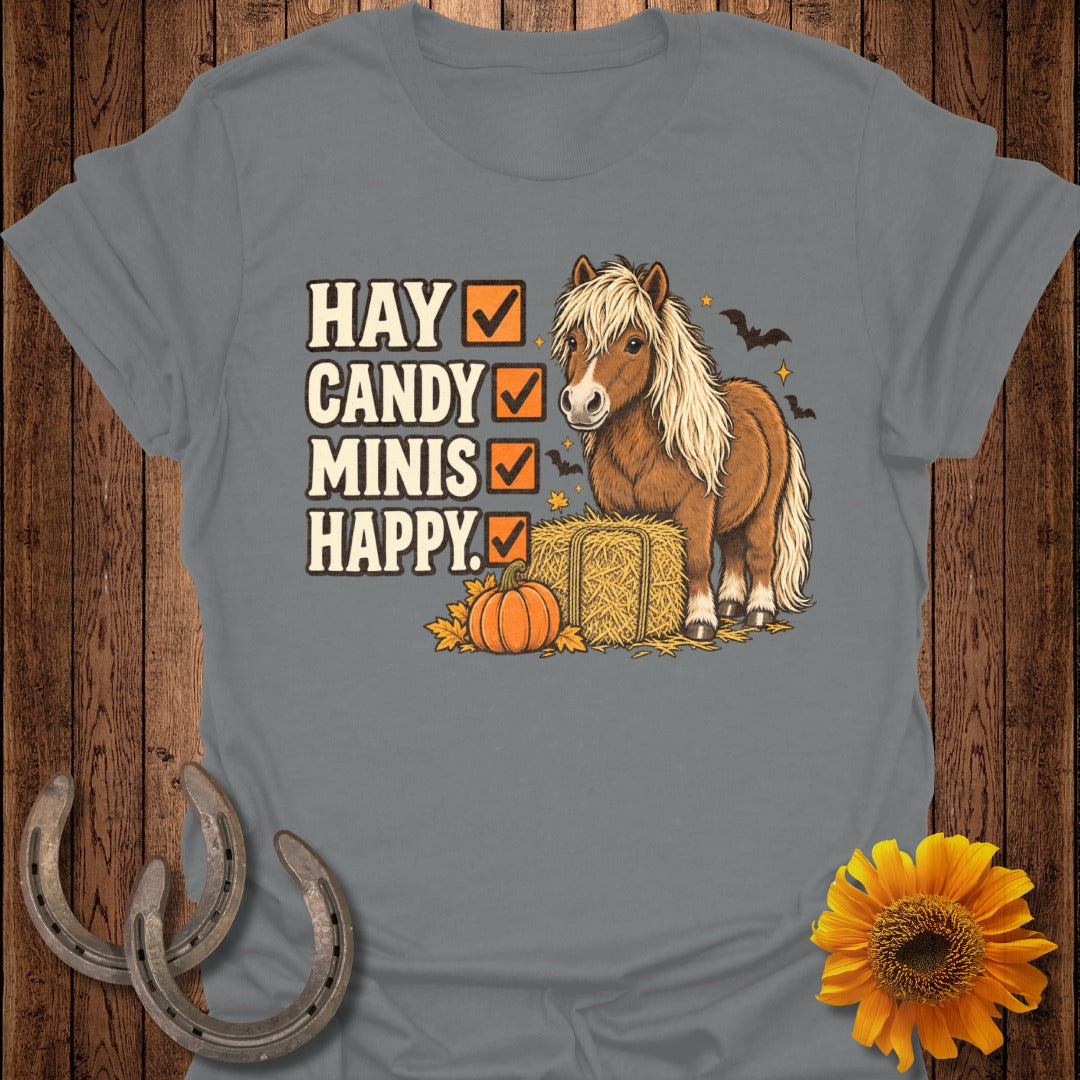 Gray t-shirt with text "HAY CANDY MINIS HAPPY" and a miniature horse graphic.