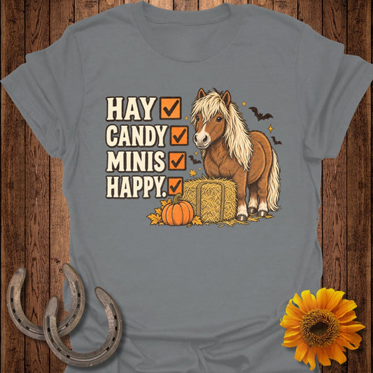 Gray t-shirt with text "HAY CANDY MINIS HAPPY" and a miniature horse graphic.