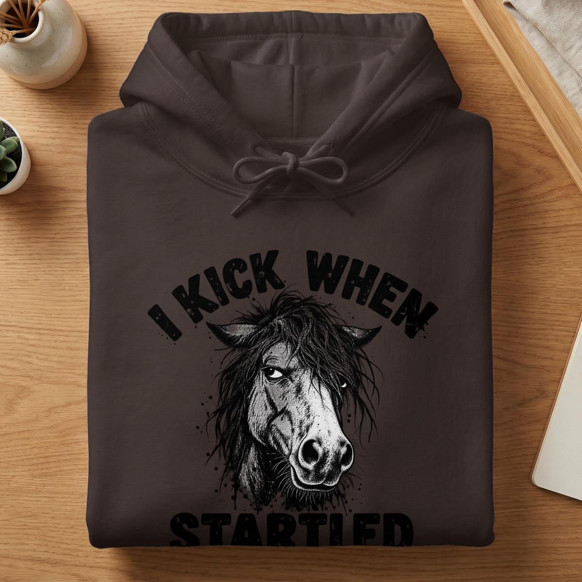 Dark brown hoodie with a distressed graphic of a startled horse and text.