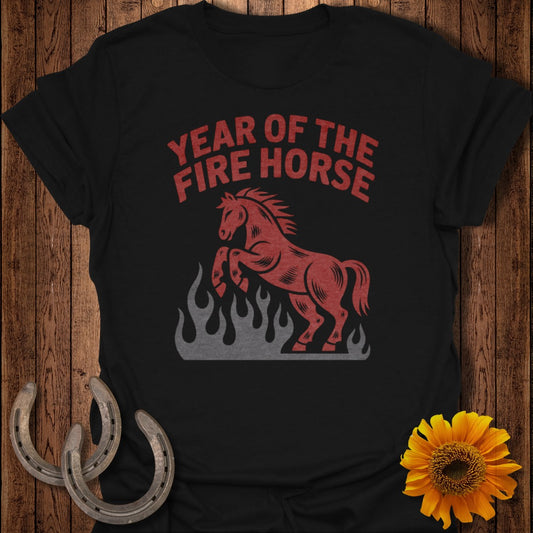 Black t-shirt with red fire horse graphic and "Year of the Fire Horse" text.