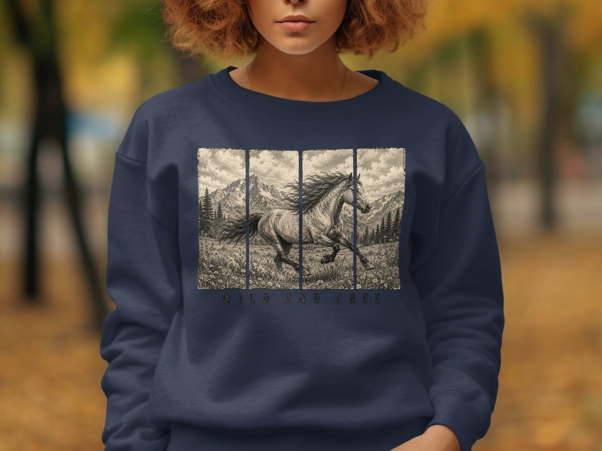 Sweatshirt with a black and white illustration of a running horse and mountains, text reads "WILD AND FREE".