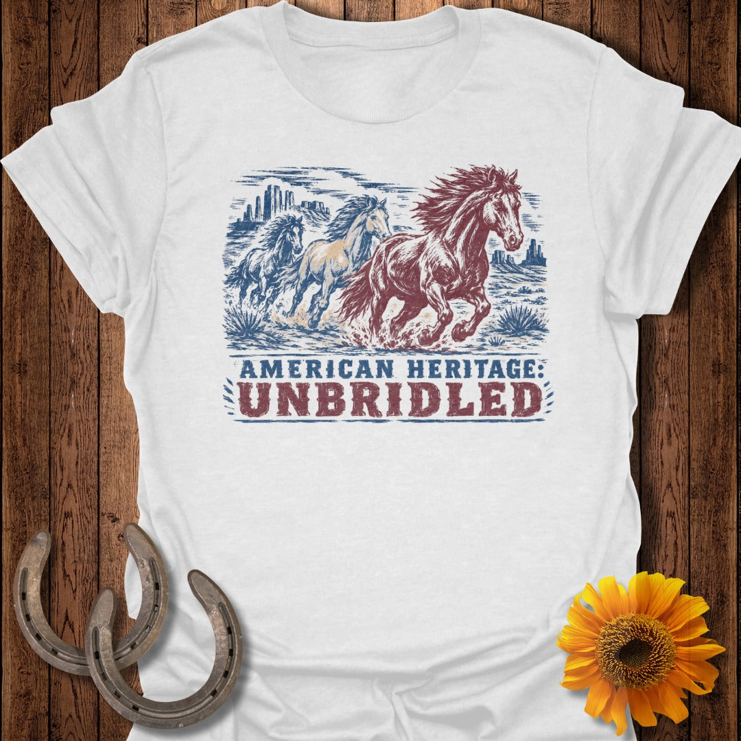 White t-shirt with graphic of running horses and "AMERICAN HERITAGE: UNBRIDLED" text.
