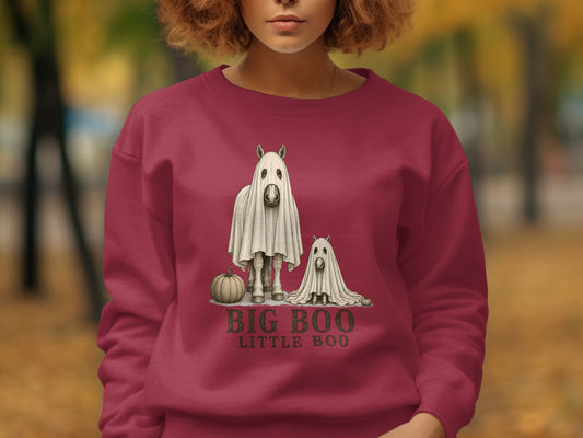 Two horses in ghost costumes with pumpkins, text "BIG BOO LITTLE BOO".