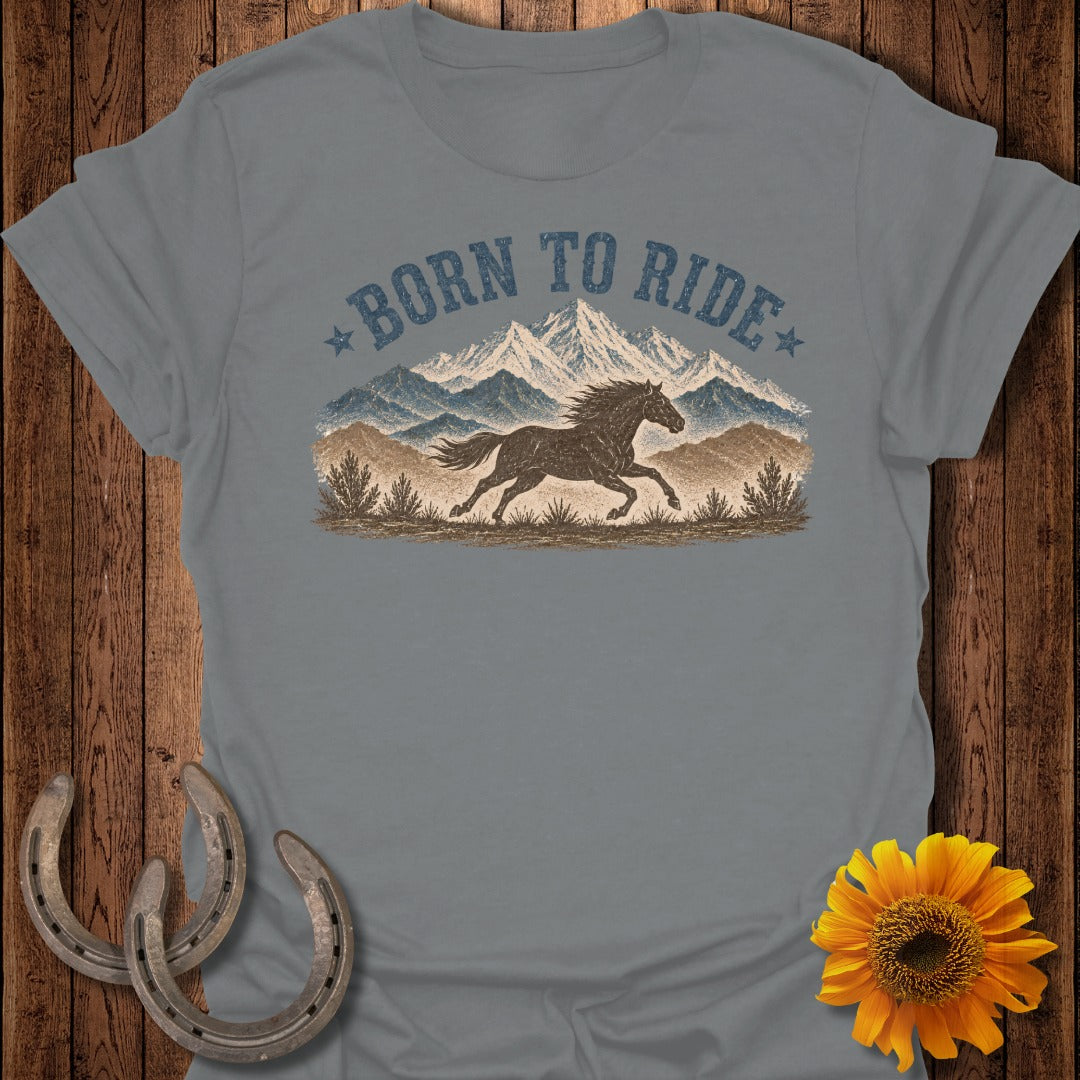 T-shirt with "Born to Ride" text, a running horse, and mountains graphic.