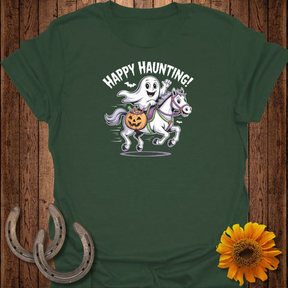 Ghost riding a horse with a pumpkin basket, text "Happy Haunting!"