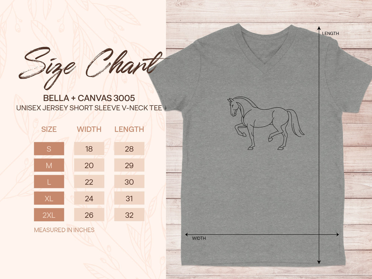 Bella + Canvas 3005 unisex v-neck tee size chart with horse graphic.