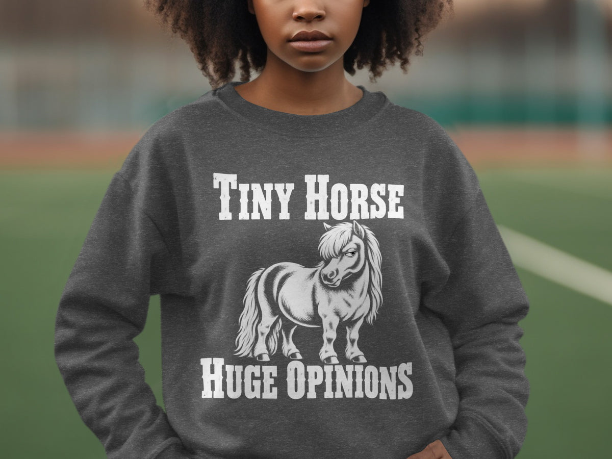 A person wears a dark gray sweatshirt featuring white text that reads Tiny Horse Huge Opinions above and below a graphic of a scowling pony.
