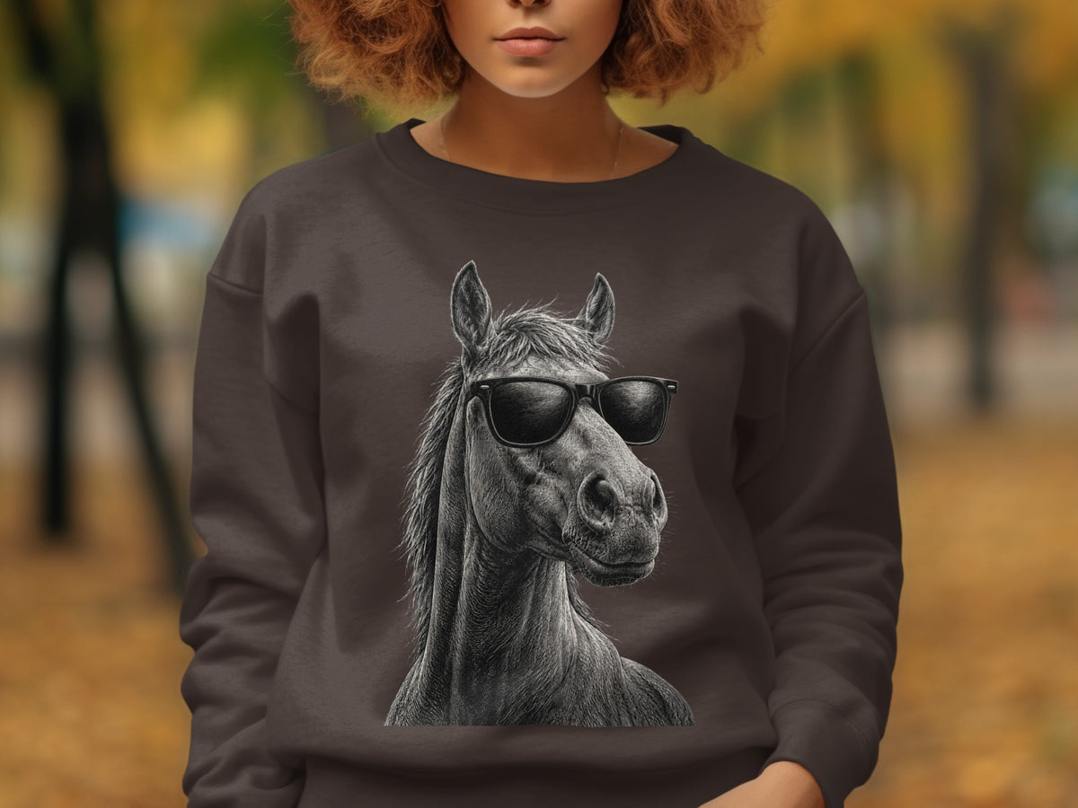 Horse head with sunglasses graphic on a brown crewneck sweatshirt.