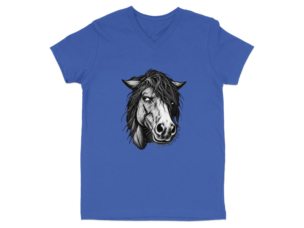 Black and white sketch of a horse's head on a blue v-neck t-shirt.