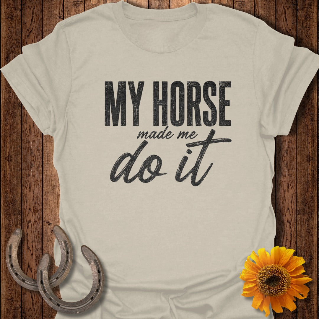 Cream t-shirt with "MY HORSE do it" text, featuring horseshoes and sunflower.