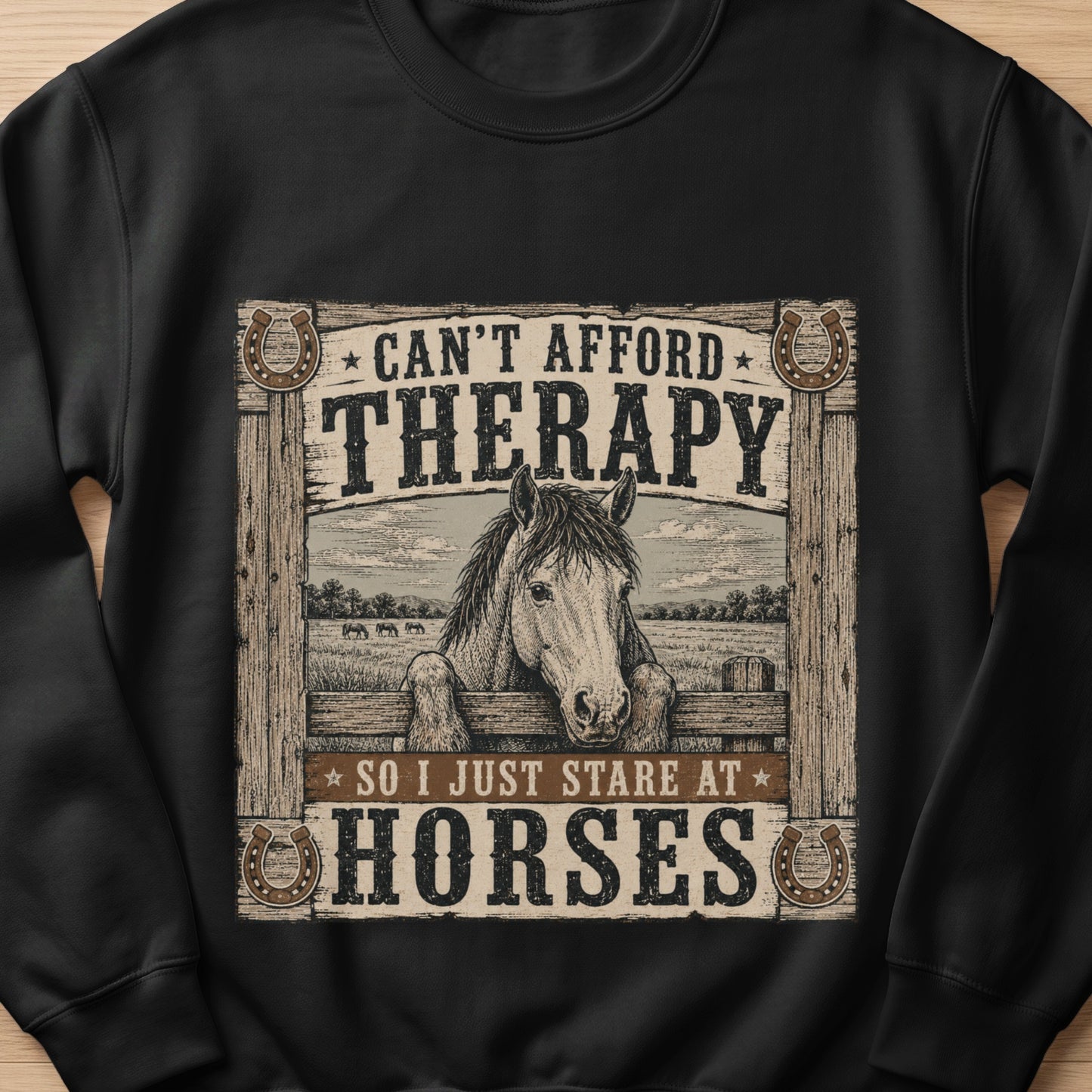 Can't afford therapy so I just stare at horses text and horse graphic.
