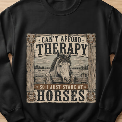 Can't afford therapy so I just stare at horses text and horse graphic.