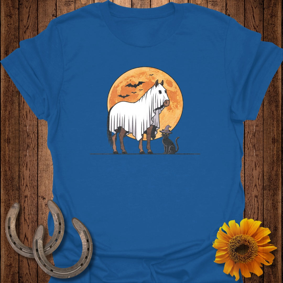 Horse in a ghost costume with black cat and full moon on a blue t-shirt.