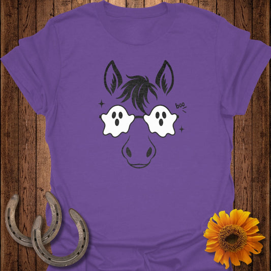 Purple t-shirt with a horse wearing ghost-shaped glasses and the word "boo".