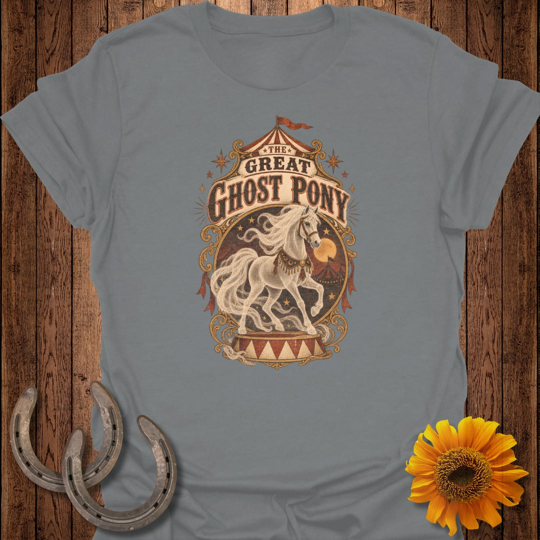 Graphic tee with "The Great Ghost Pony" text and a white horse on a circular stage.