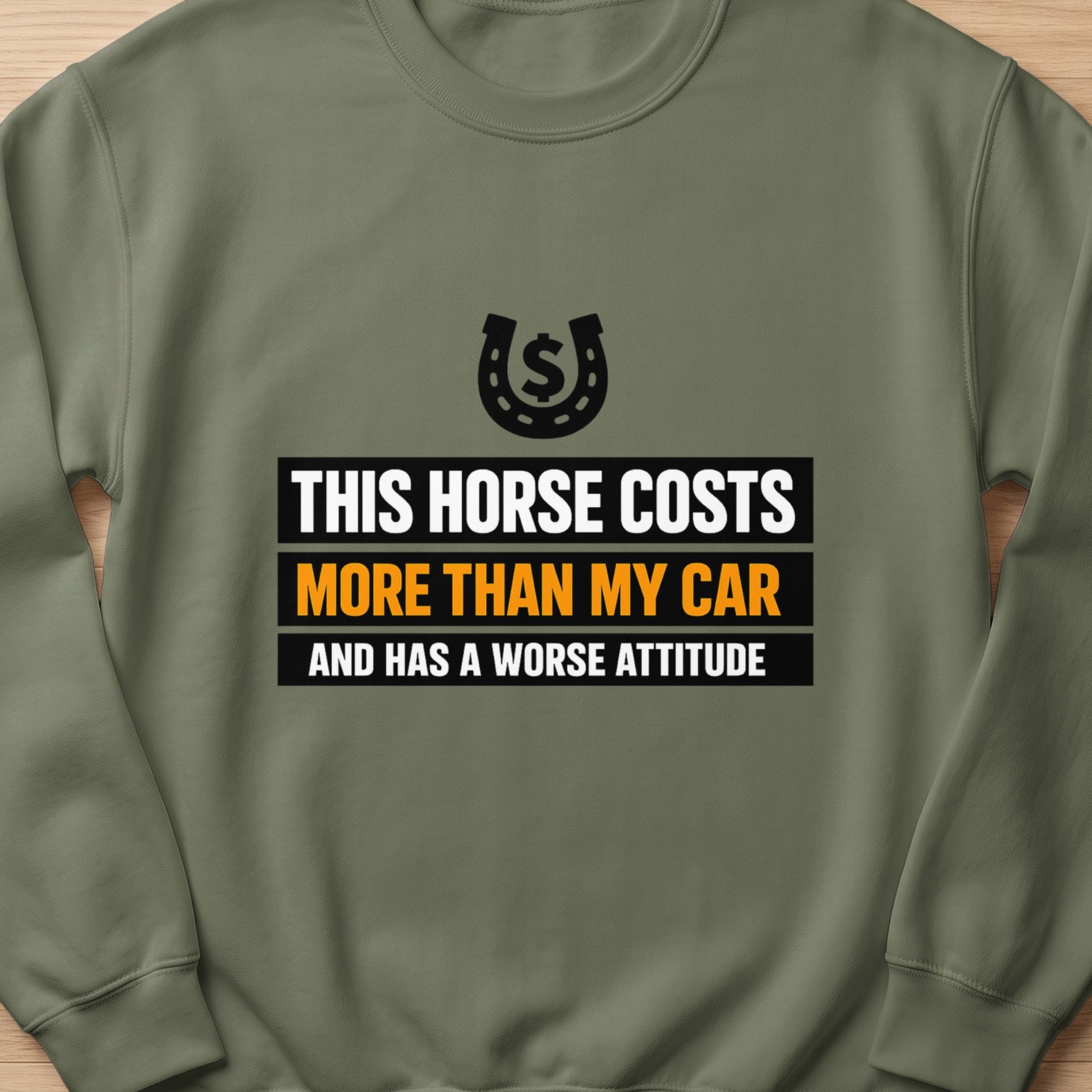 Olive sweatshirt with a horseshoe and text: "THIS HORSE COSTS MORE THAN MY CAR AND HAS A WORSE ATTITUDE."