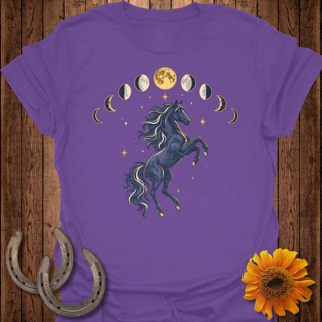 Purple t-shirt with a dark horse rearing under moon phases and stars.