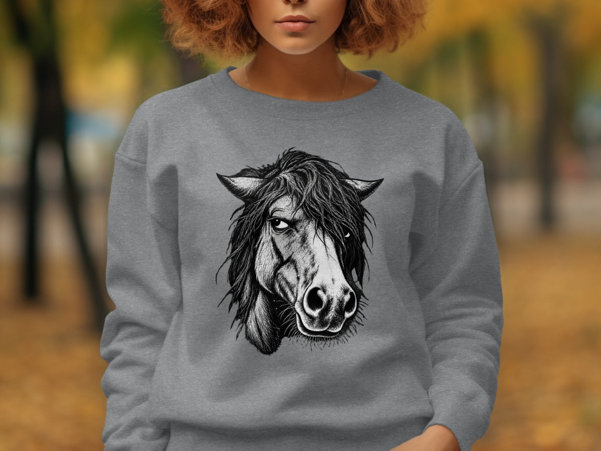 Grey sweatshirt featuring a black and white sketch of a horse's head with a fierce expression.