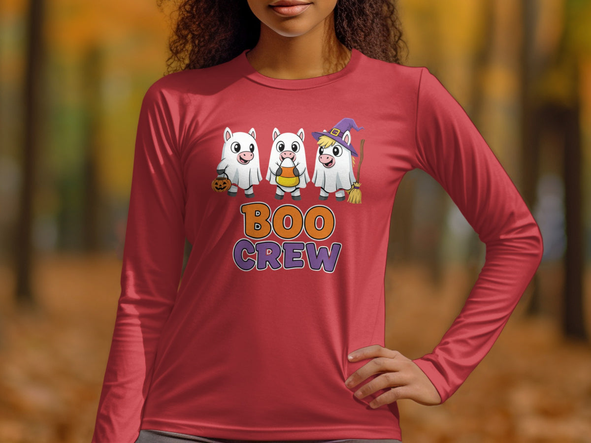 Red long-sleeve shirt with three cute ghosts holding Halloween treats and "Boo Crew" text.