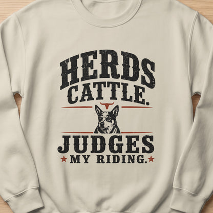 Cream sweatshirt with black distressed text and image of a dog and bull horns.