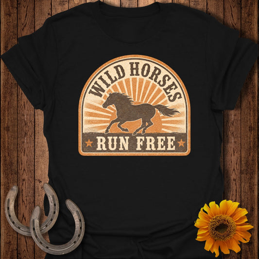 Black t-shirt with vintage "Wild Horses Run Free" graphic and horse silhouette.