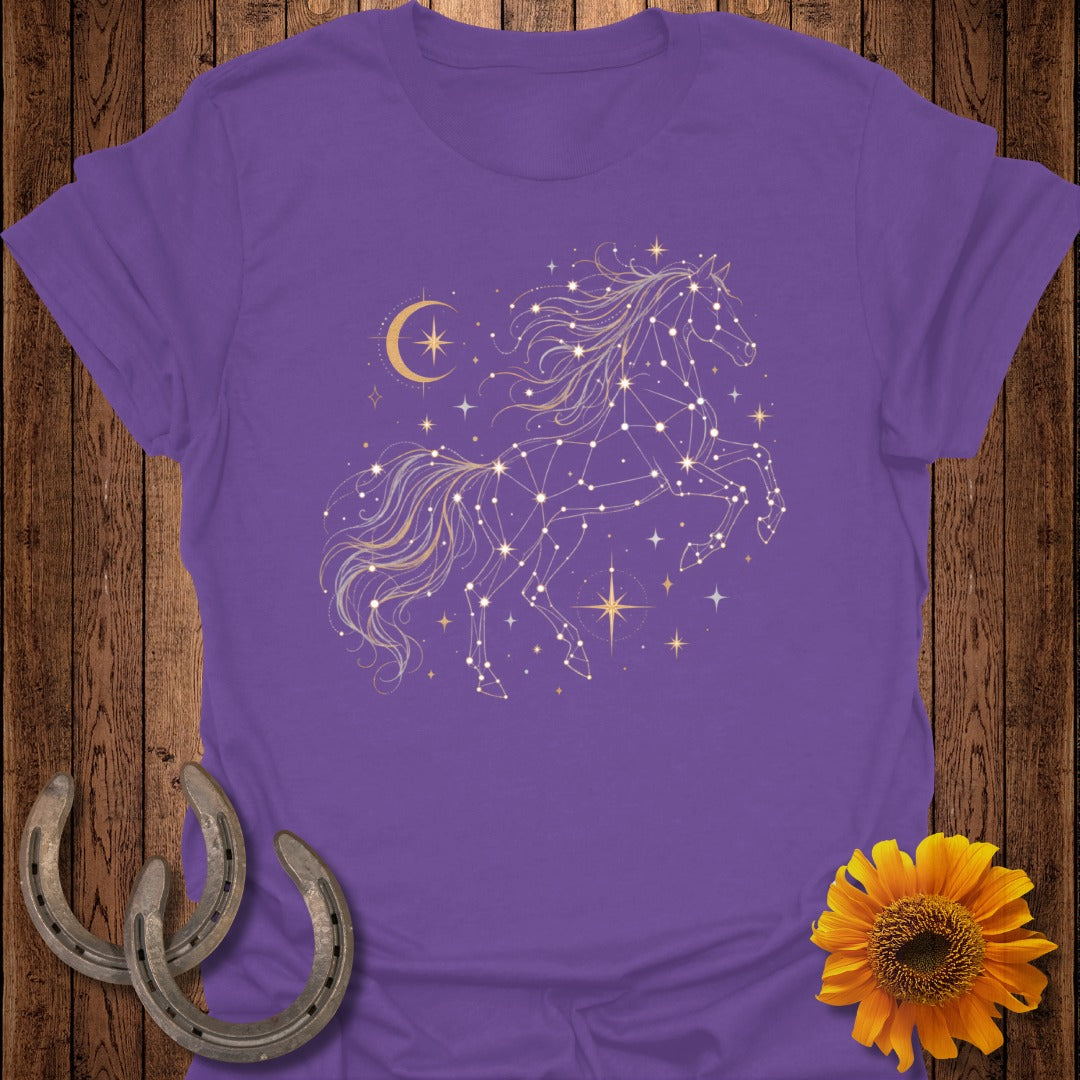Purple t-shirt with a constellation horse design and crescent moon.