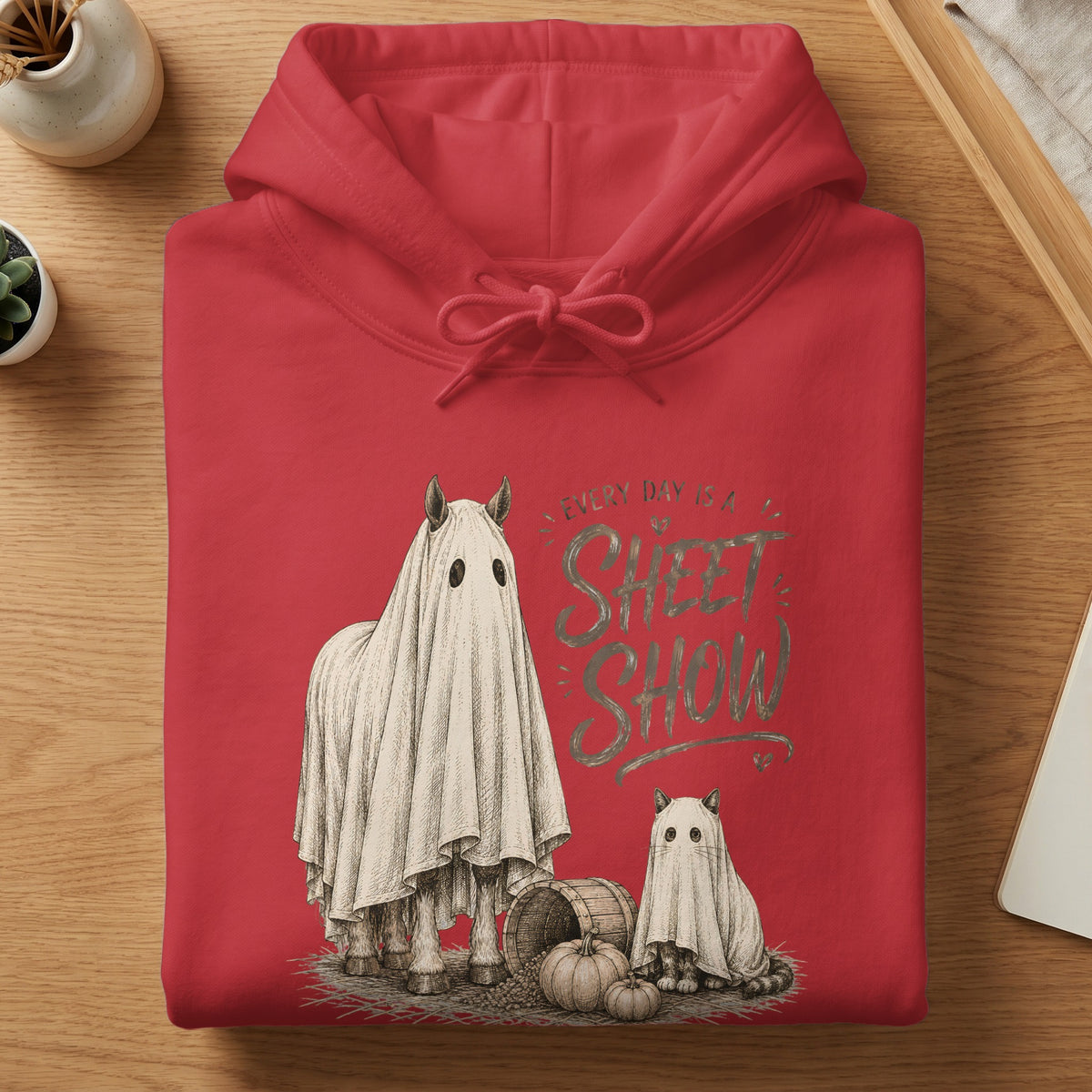 Red hoodie with "Every Day is a Sheet Show" design featuring a horse and cat in sheets.
