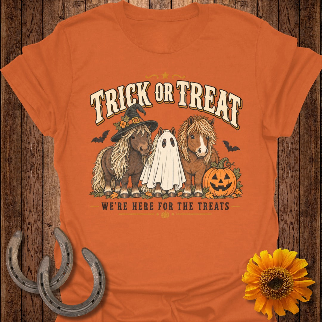 Orange t-shirt with ponies dressed for Halloween and "Trick or Treat" text.
