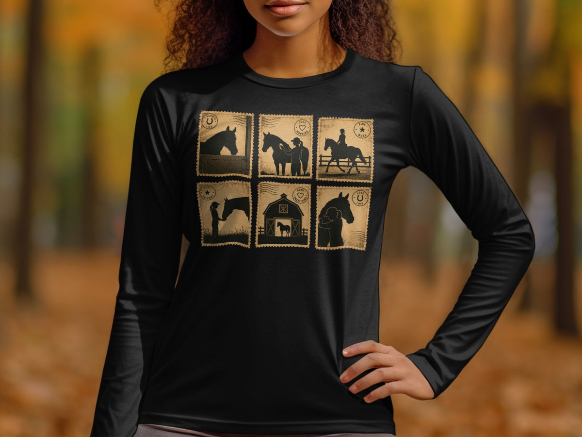 Black long sleeve shirt with six horse-themed stamp-like graphics.