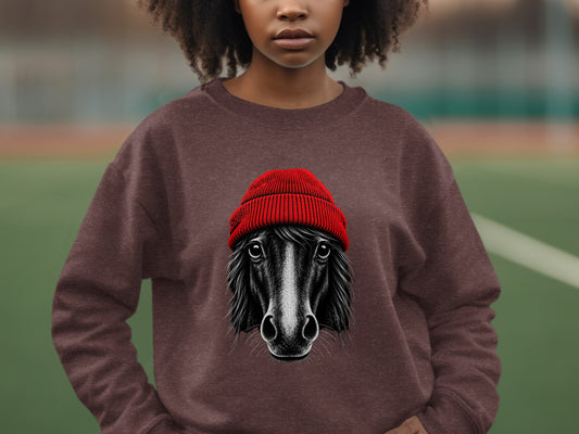A person wearing a brown crewneck sweatshirt featuring a graphic of a black horse wearing a red knit beanie.