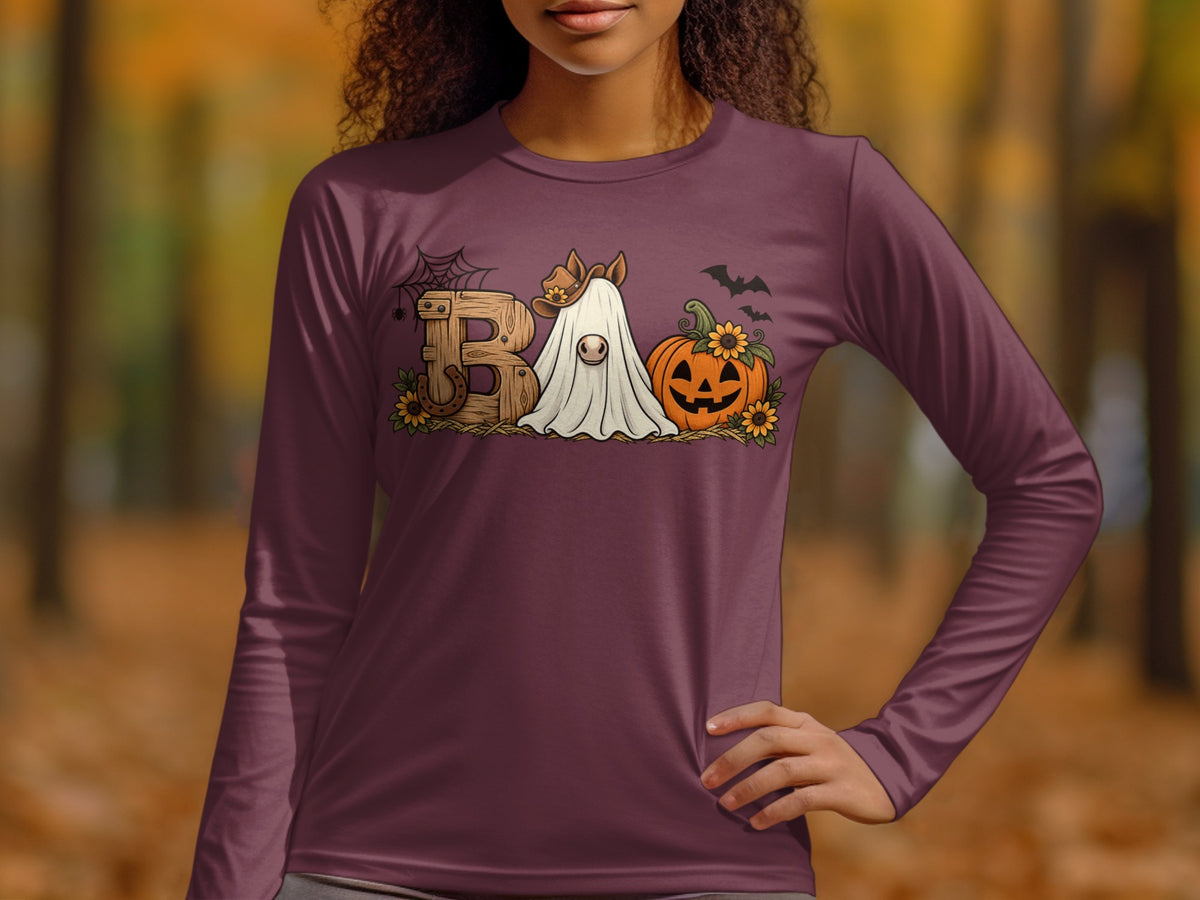 "Boo" text with horse ghost, pumpkin, bats, and sunflowers on maroon long sleeve shirt.
