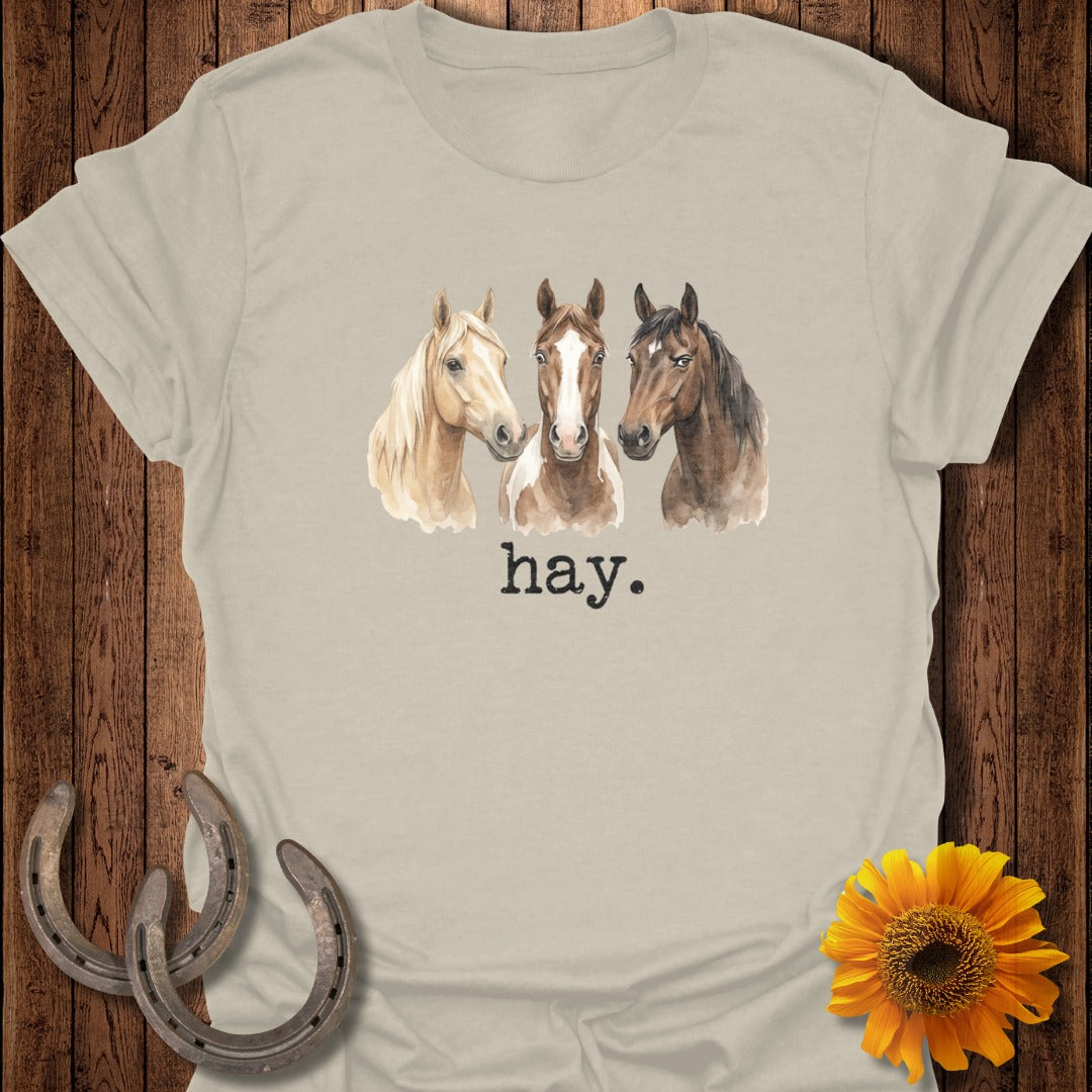 Three horses painted in watercolor on a beige t-shirt with "hay." text.
