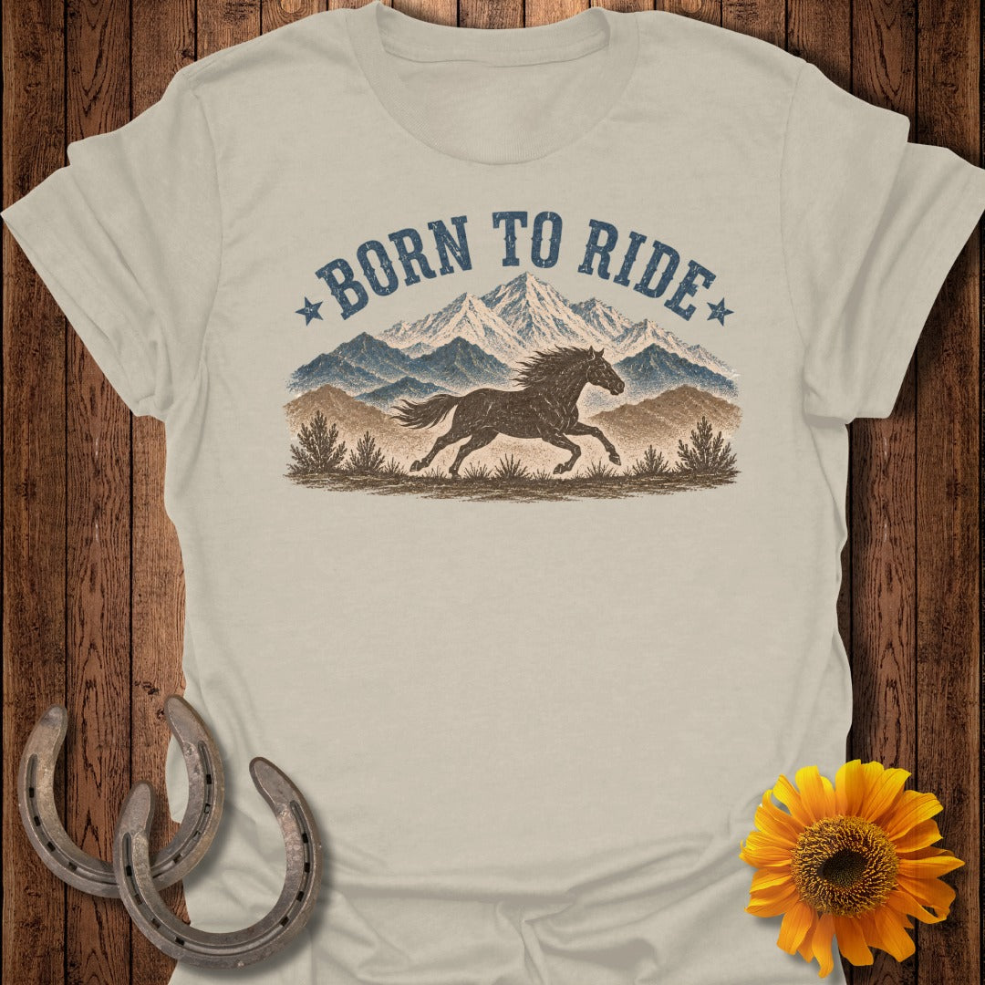 Shirt graphic: horse running with mountains and text "Born to Ride".