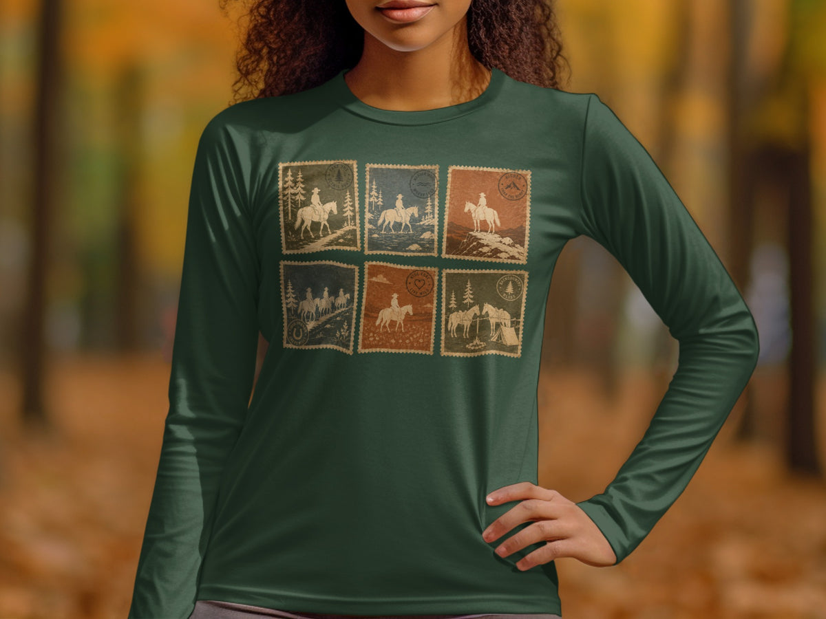 Green long sleeve shirt with six vintage postage stamp graphics of horses and nature.