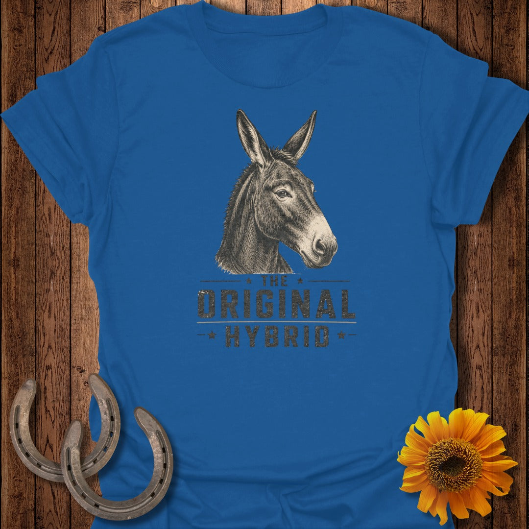 Blue t-shirt with a donkey head graphic and text "THE ORIGINAL HYBRID".